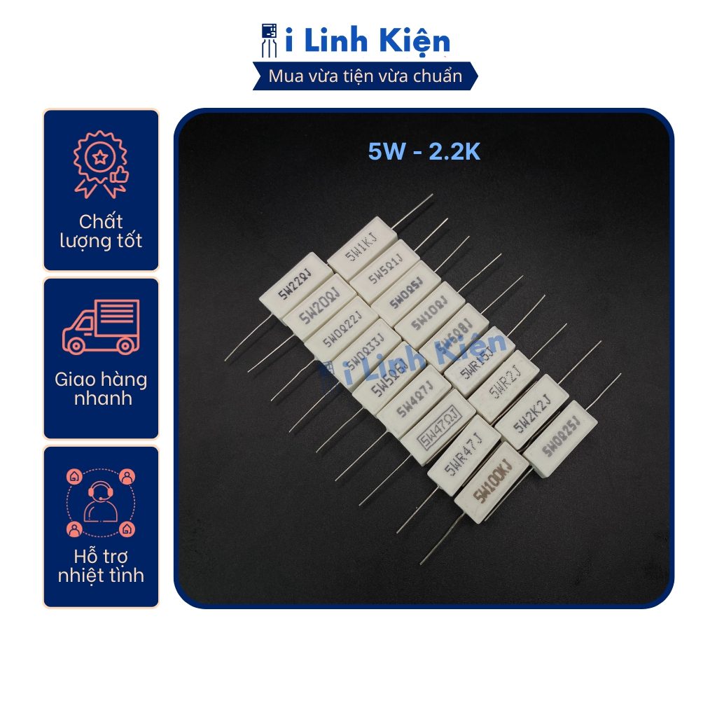Điện trở sứ 5W 2.2K 5% chất lượng tốt 1 Điện trở sứ 5W 2.2K 5% chất lượng tốt
