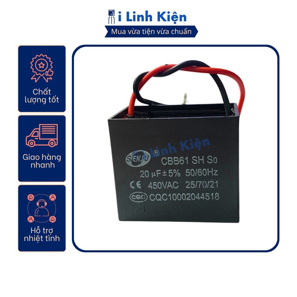 Tụ quạt 20UF CBB61 dây chính hãng SENJU, JCCONs chất lượng cao 1 Tụ quạt 20UF CBB61 dây chính hãng SENJU, JCCONs chất lượng cao