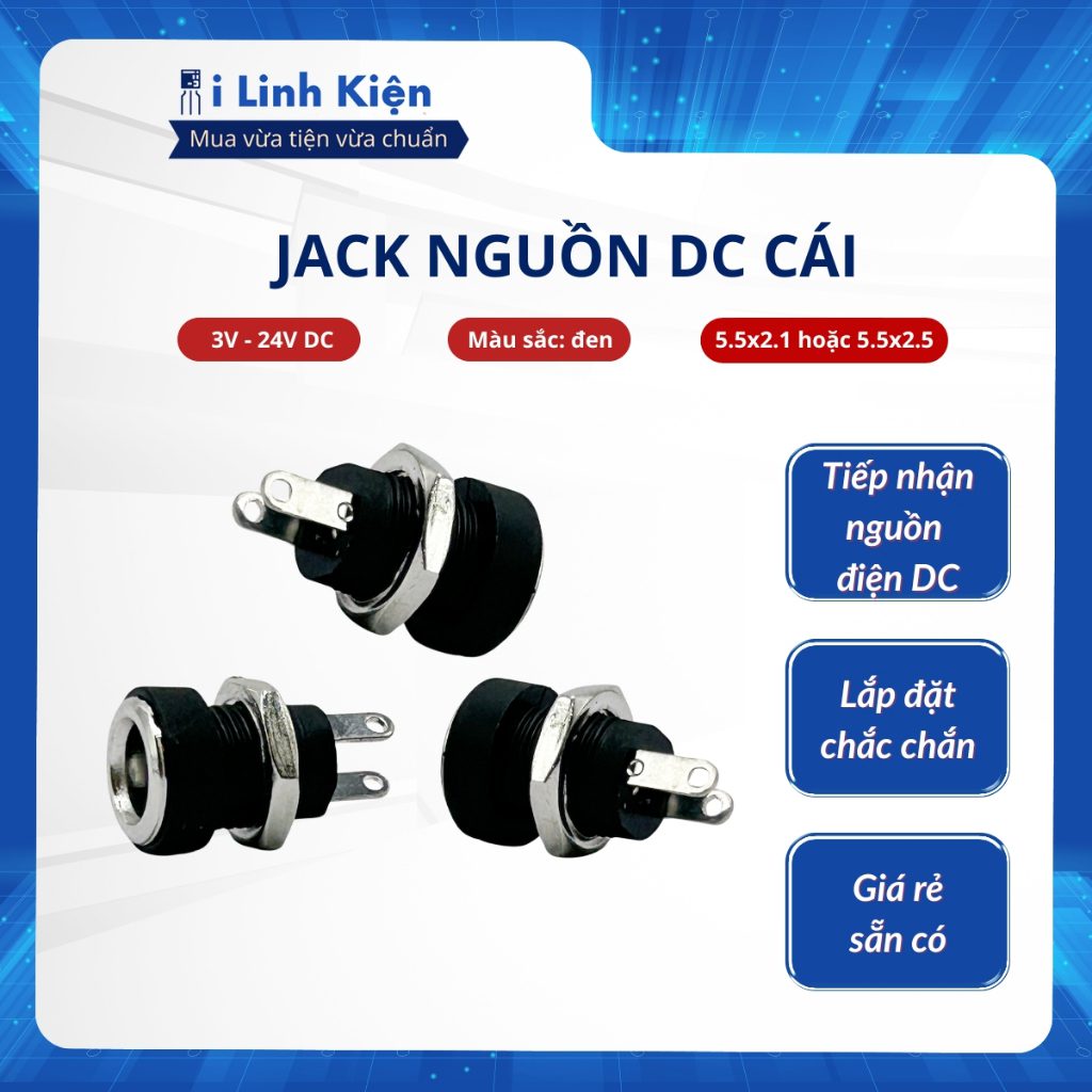 Jack nguồn DC cái 5.5x2.1mm 5.5x2.5mm sắt tròn DC-022B 1 Jack nguồn DC cái 5.5x2.1mm 5.5x2.5mm sắt tròn DC-022B