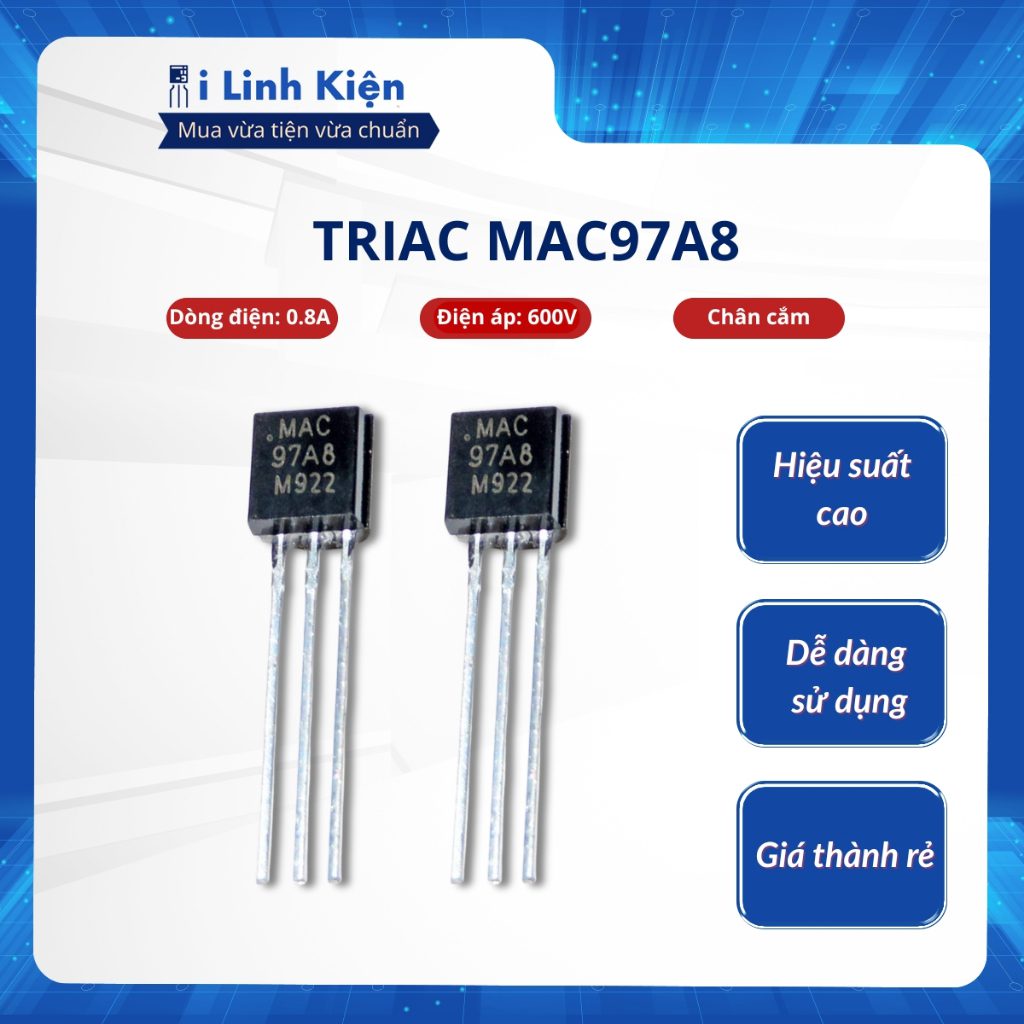 Triac MAC97A8 0.8A 600V chân cắm chất lượng tốt. 1 Triac MAC97A8 0.8A 600V chân cắm chất lượng tốt.
