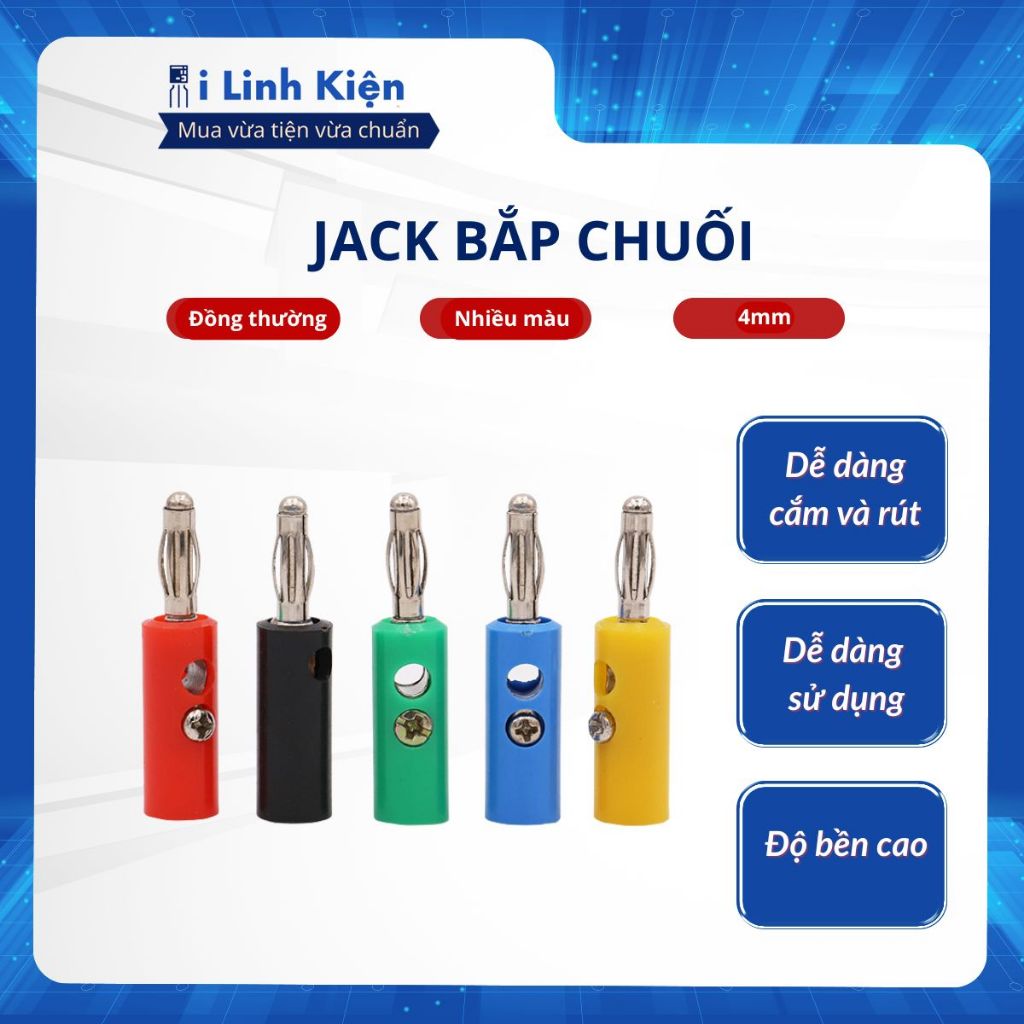 Jack bắp chuối đực 4mm màu đỏ/đen/trắng/xanh lá/xanh dương/vàng 1 Jack bắp chuối đực 4mm màu đỏ/đen/trắng/xanh lá/xanh dương/vàng