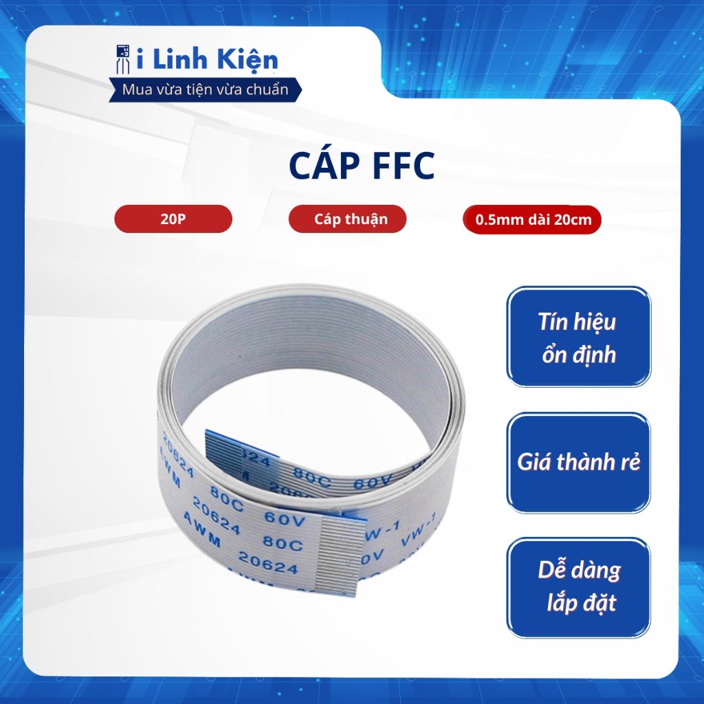 Cáp FFC 20P thuận 0.5mm dài 20cm 1 Cáp FFC 20P thuận 0.5mm dài 20cm