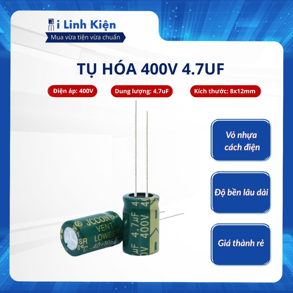 Tụ hóa 400V 4.7uF 8x12mm tần số cao chất lượng tốt. 1 Tụ hóa 400V 4.7uF 8x12mm tần số cao chất lượng tốt.