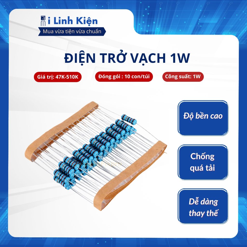 Điện trở 1W 47K-510K 1% chân đồng túi 10 con. 1 Điện trở 1W 47K-510K 1% chân đồng túi 10 con.
