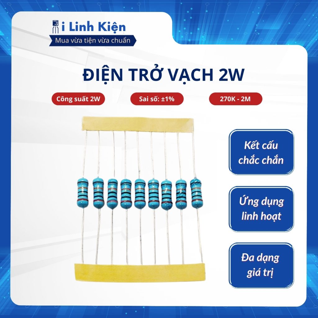 Điện trở vạch 2W 270K - 2M 1% chân đồng (túi 10 con) 1 Điện trở vạch 2W 270K - 2M 1% chân đồng (túi 10 con)