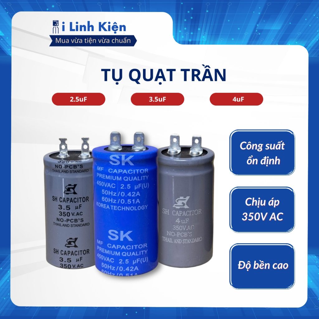 Tụ quạt 2.5uF 3.5uF 4uF 350V tụ điện dầu Thái Lan chất lượng tốt. 2 Tụ quạt 2.5uF 3.5uF 4uF 350V tụ điện dầu Thái Lan chất lượng tốt. - Ảnh 2
